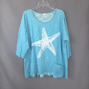 Lulu B Top Womens 1X Blue Cotton Starfish Tunic Beach Resort Coastal Tee